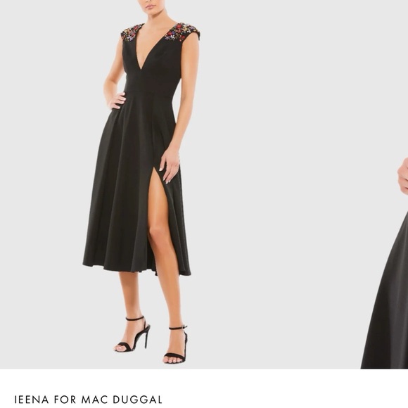 IEENA FOR MAC DUGGAL Black Beaded Cap Sleeve A Line Midi Dress size 4 holiday - Picture 3 of 8